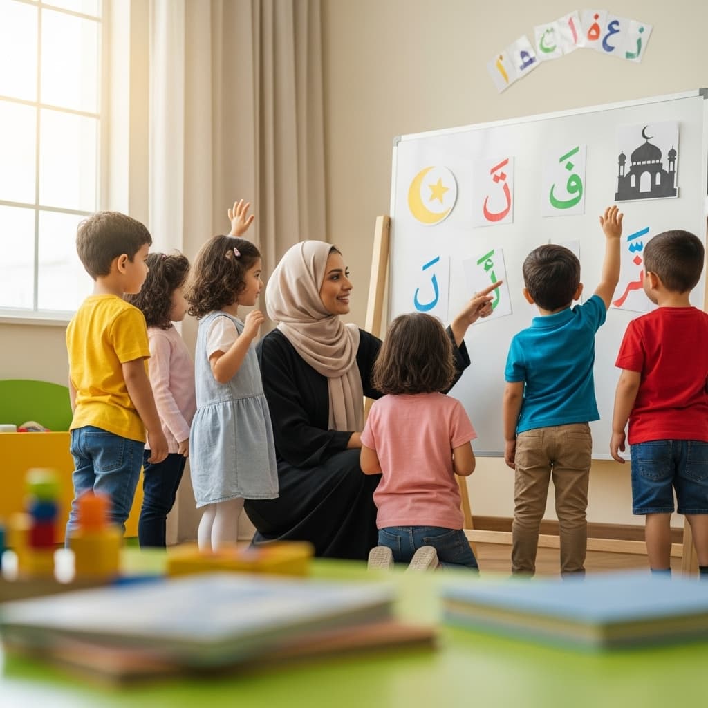 Teacher engaging children in an Arabic lesson